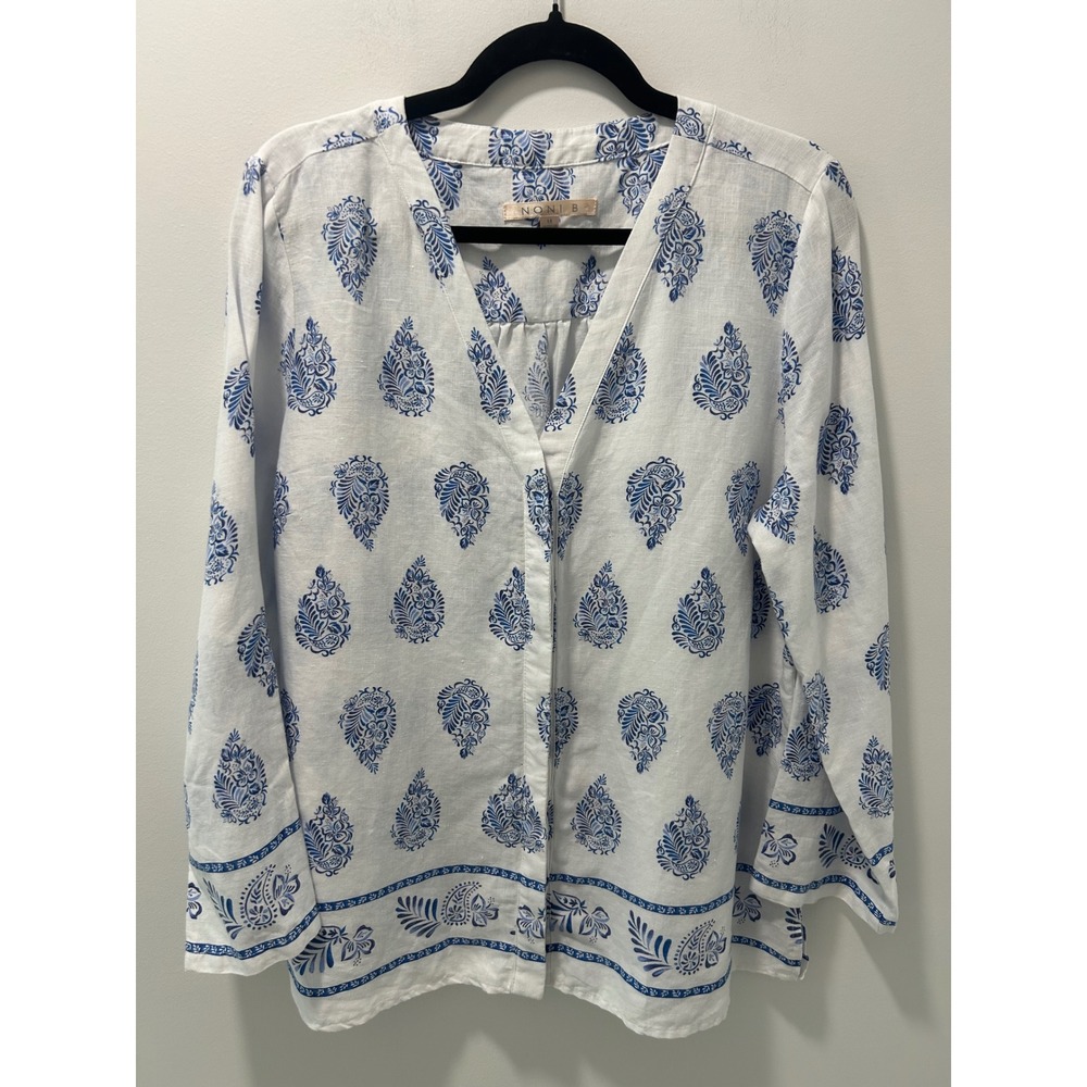 Noni B Womens 100% Linen Blue Paisley Floral Print V-Neck Button Front Blouse 14